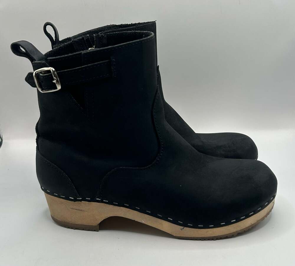 Sandgrens New York Low Heel Clog Boots in Black Leather - Picture 2 of 6